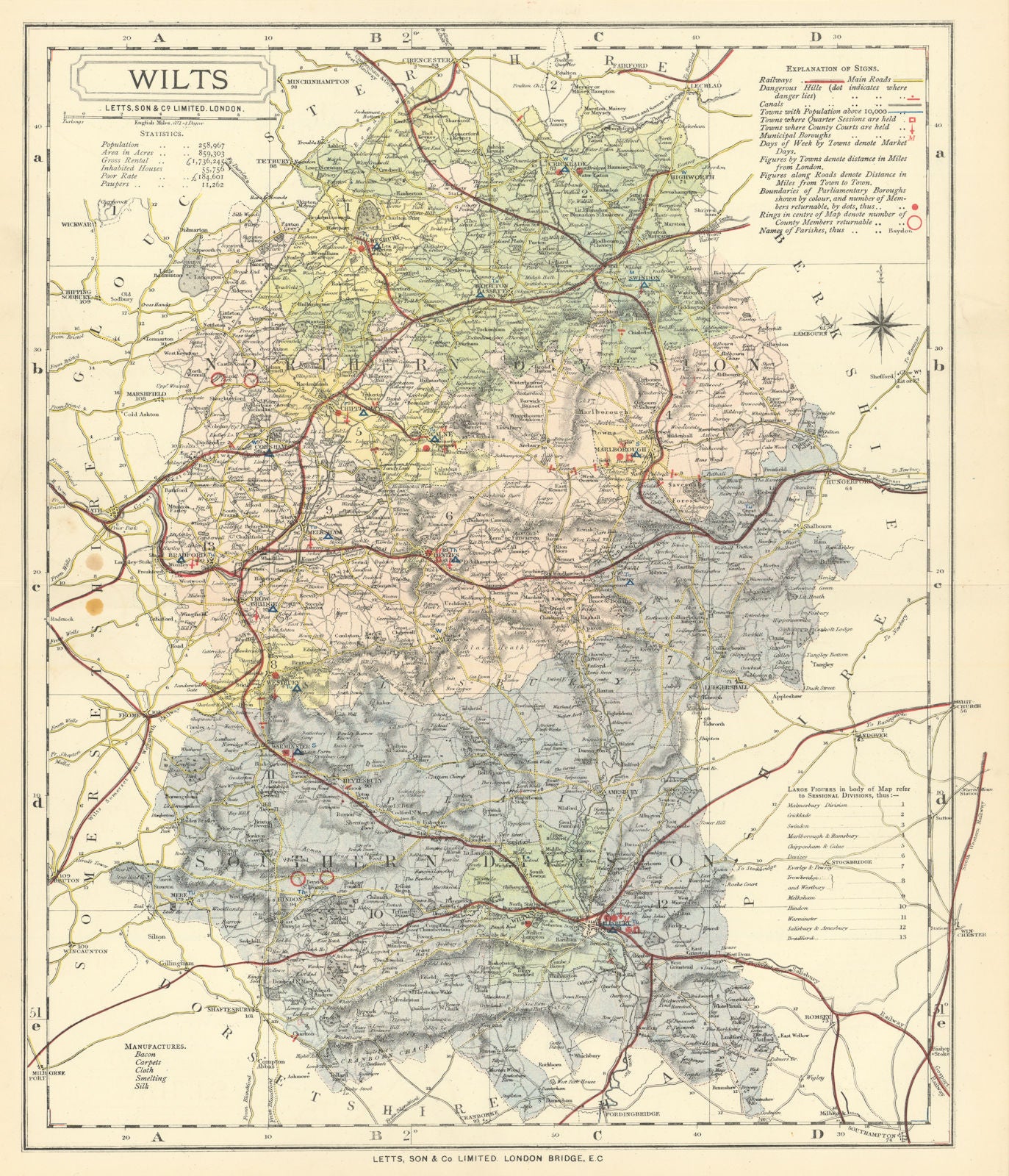 Wiltshire county map showing Post Towns & Market Days. LETTS 1884 old